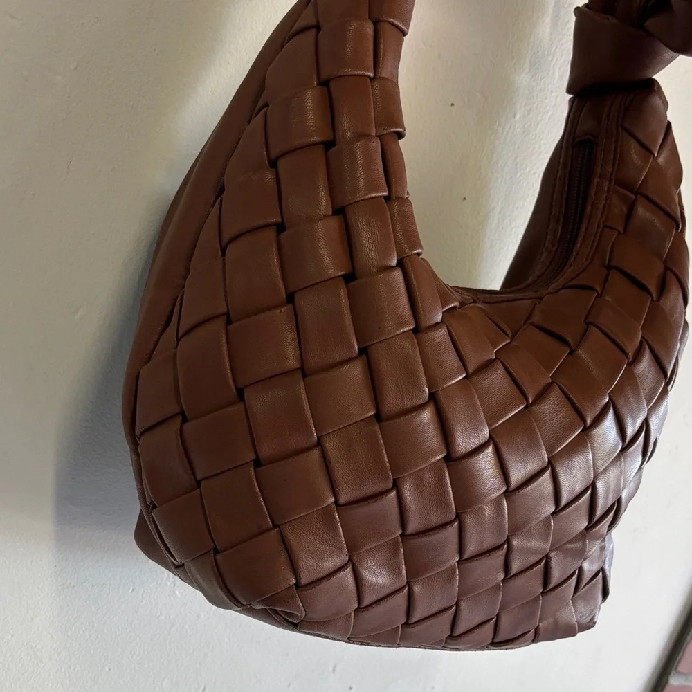 Brown Woven Vegan Leather Shoulder Bag